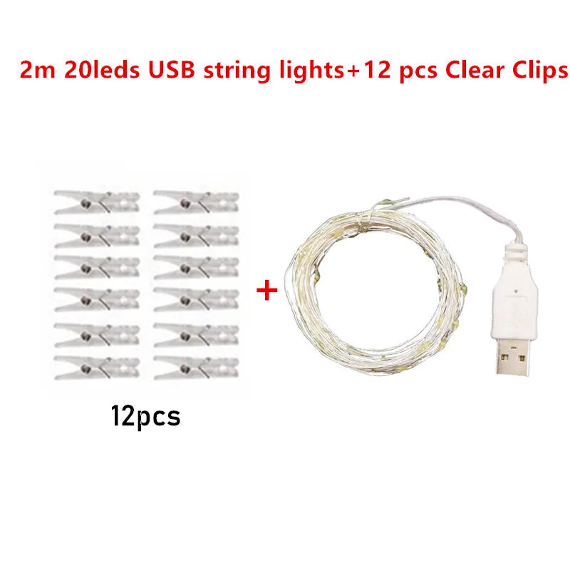 LED String Lights 2M/5M/10M Photo Clip Fairy Lights USB Operated